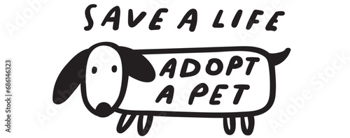 Save a life adopt a pet. Cute homeless dog. Vector outline icon. Badge. Illustration on white background.