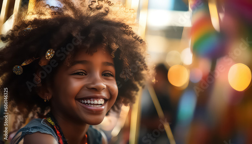 Dark-skinned happy girl smiling wide in amusement park ,concept carnival photo