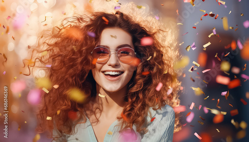 Woman in sunglasses and curly hair on confetti background ,concept carnival photo