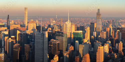 New York City skyscrapers at sunset. Aerial panoramic view of supertall buildings in Midtown Manhattan