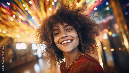 Selfie portrait of a woman on the background of bright lights in an amusement park ,concept carnival