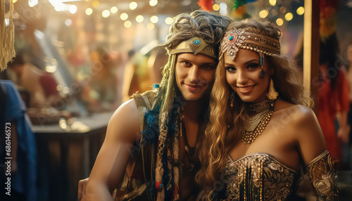 Happy people looking at camera in gypsy clothes and bright makeup ,concept carnival