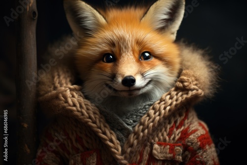  a close up of a fox wearing a sweater and looking at the camera with a serious look on its face.