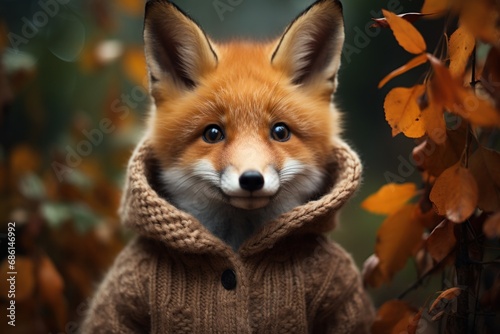  a close up of a fox wearing a sweater and looking at the camera with a surprised look on its face.