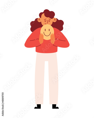 woman with depression and happy mask