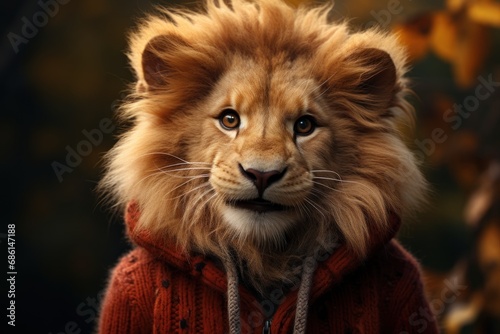  a close up of a lion wearing a sweater and looking at the camera with a serious look on his face.