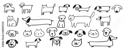 Collection of cute dogs and cats. Sitting, standing and only faces. Hand drawn vector outline illustrations. Contour art. Black color. White background.