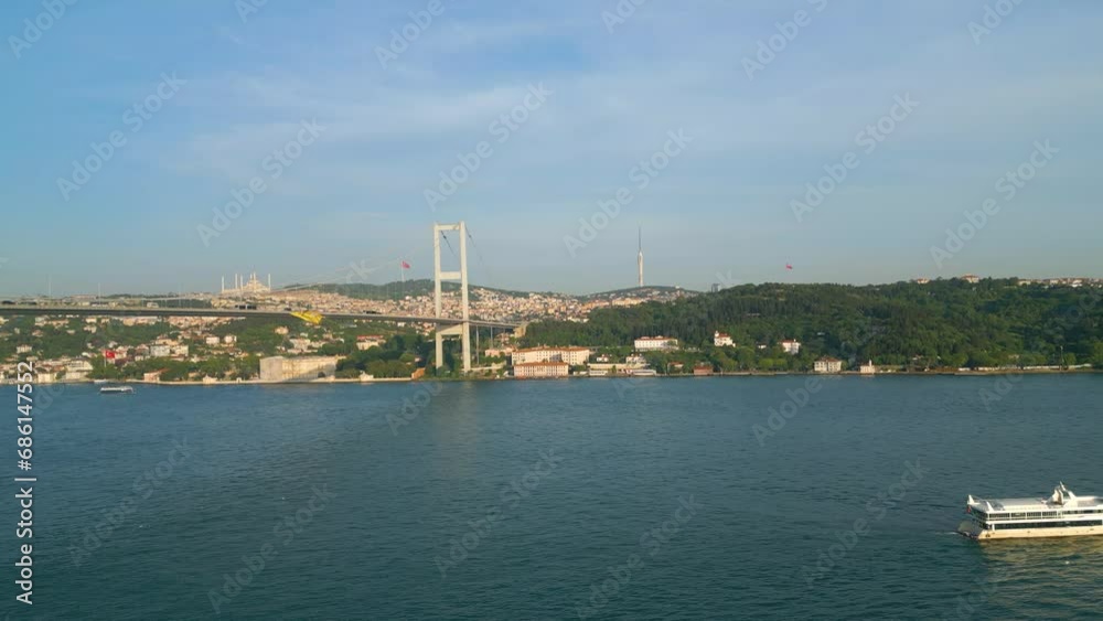 Istanbul Turkey Drone Aerial view above martyrs bridge capturing traffics crossing and beşiktaş cityscape 

