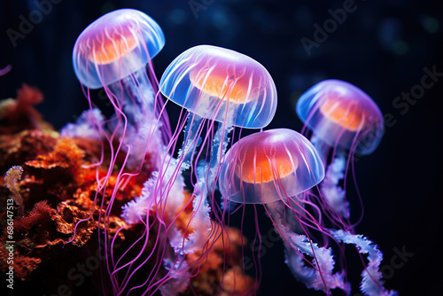 Jellyfish in neon light at the bottom of the ocean, sea. Beautiful background with neon jellyfish. Generated by artificial intelligence © Vovmar