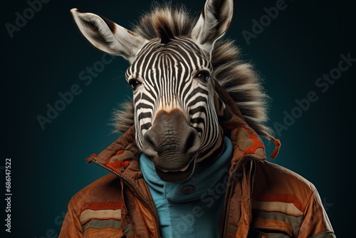  a close up of a zebra wearing a jacket with a hood on it's head and a zebra's head sticking out of it's back.