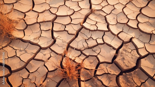 Dried earth with deep cracks and a small tuft of dry grass illuminated by warm sunlight, suggesting extreme drought conditions and environmental challenges.