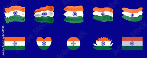 Set of India flags. In watercolor, in circular, heart and lotus shapes. For national holidays and events. 