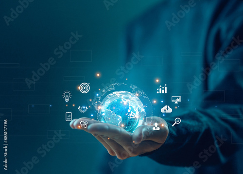 hand shows the globe. concept of global internet connection big data digital link technology, and business digital marketing. internet banking, Financial, business tech international market
 photo