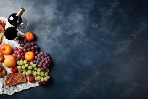  a table topped with a plate of food and a bottle of wine next to a plate of fruit and a glass of wine.