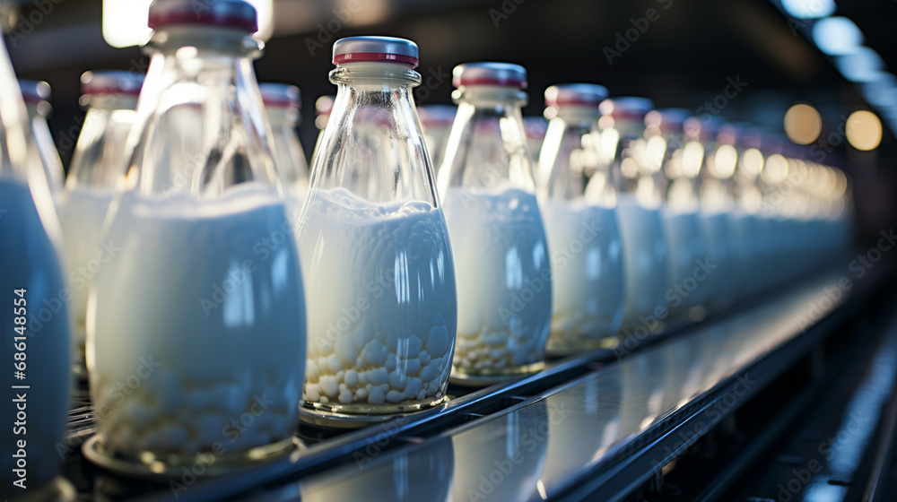 Bottles of milk on conveyor belt. Bottles of milk on conveyor belt.
