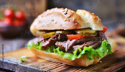 A delicious sandwich with beef. Generated with AI