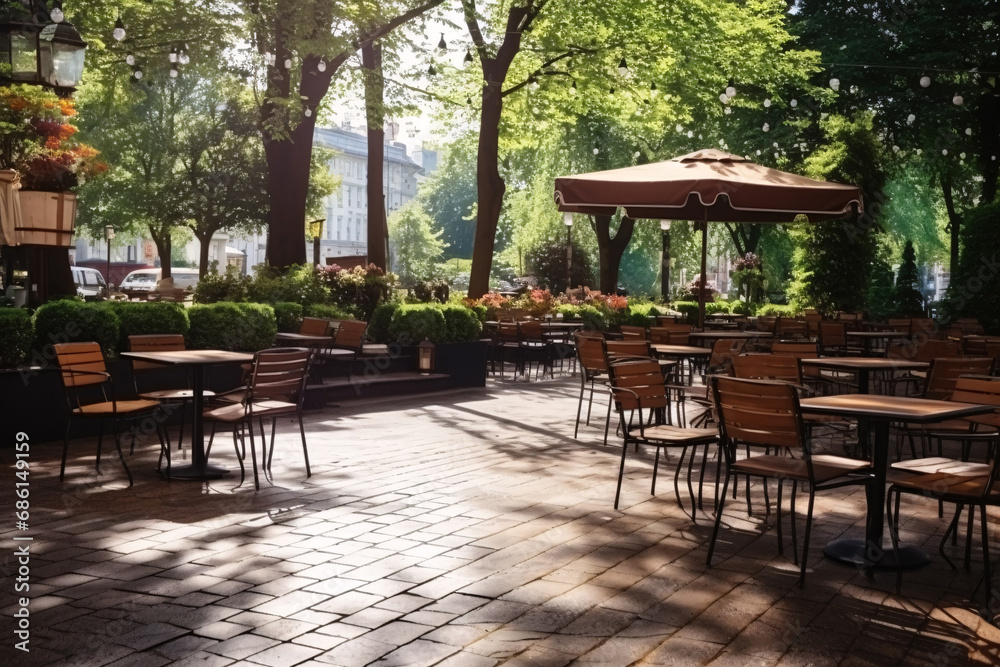 Outdoor table of coffee cafe and restaurant. Summer terrace on city street. Empty outside tables and chairs of outdoor cafe on blur green garden. Cozy outdoor zone cafe and restaurant. Generative AI.