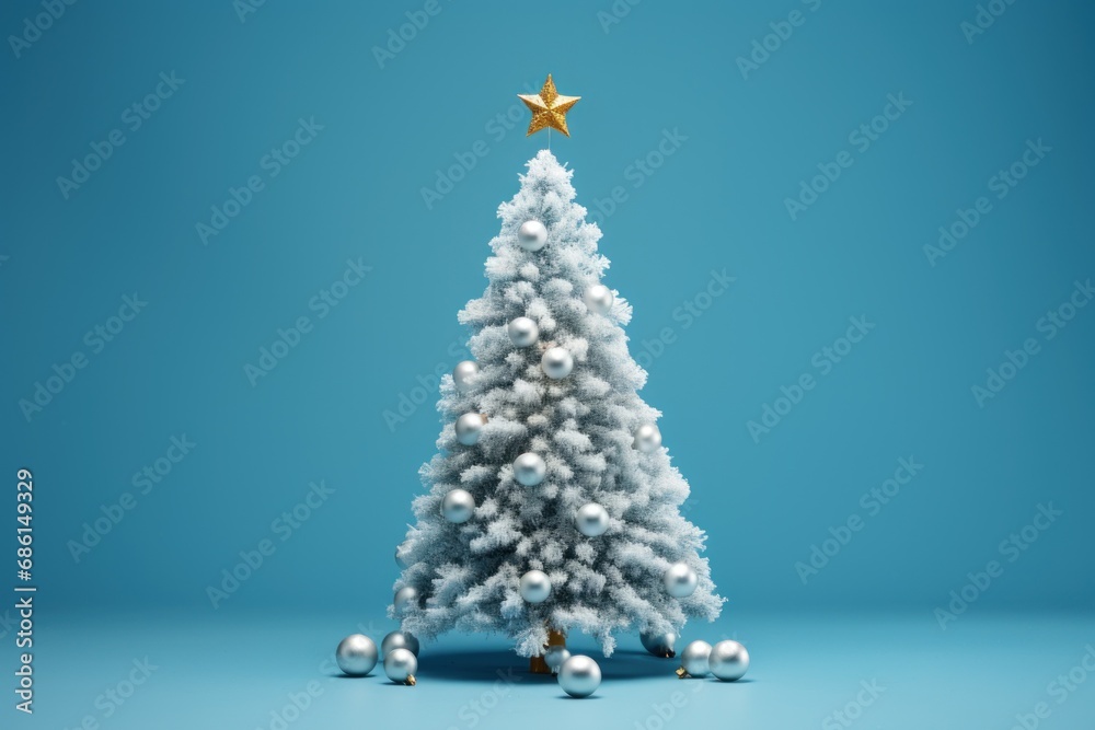 a white christmas tree with a gold star on top of it and silver balls on the bottom of the tree. a white christmas tree with a gold star on top of it and silver balls on the bottom of the tree.