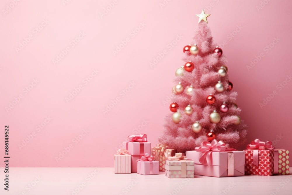  a pink christmas tree with presents in front of it on a white table with a pink wall in the background.