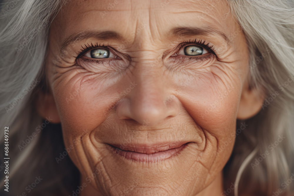 An elderly grandmother with natural beauty, including grey hair, sparkling blue eyes and a delightfully cheerful outlook, beamed at the camera.