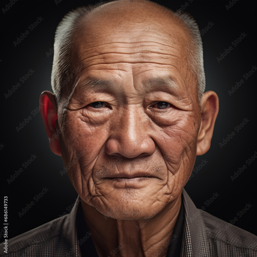 An elderly Asian man pondered in a studio while gazing into the camera in a close-up. An elderly Asian man pondered in a studio while gazing into the camera in a close-up.