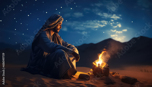 Bedouin man near fire in desert, Ramadan concept