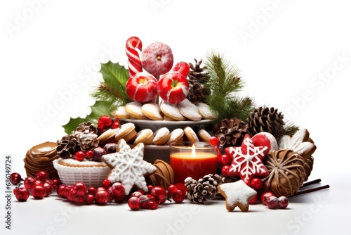  a table topped with a pile of cookies next to a candle and a pile of candy canes on top of a table.