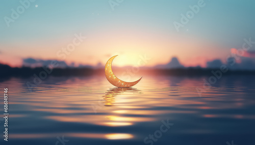 Crescent moon on the surface of the water on a blurred background, Ramadan Concept