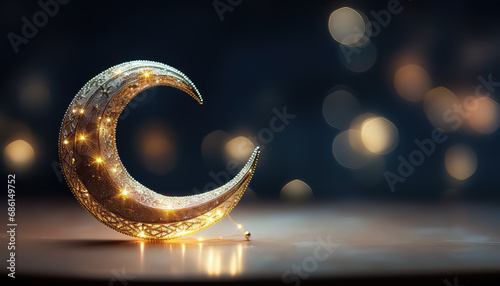 Glowing crescent moon on blurred background, ramadan concept