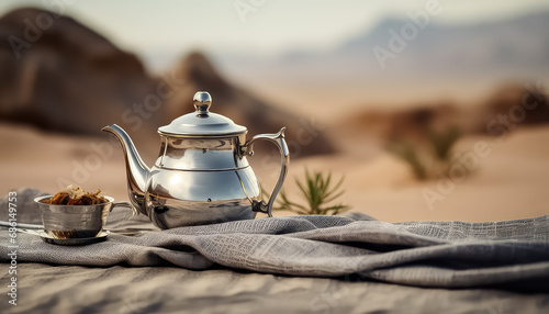 Arabic teapot with cup in desert, ramadan concept photo