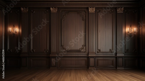 Classic premium luxury wood paneling wall background or texture. Highly crafted traditional wood paneling wall and floor, with a frame and column pattern photo