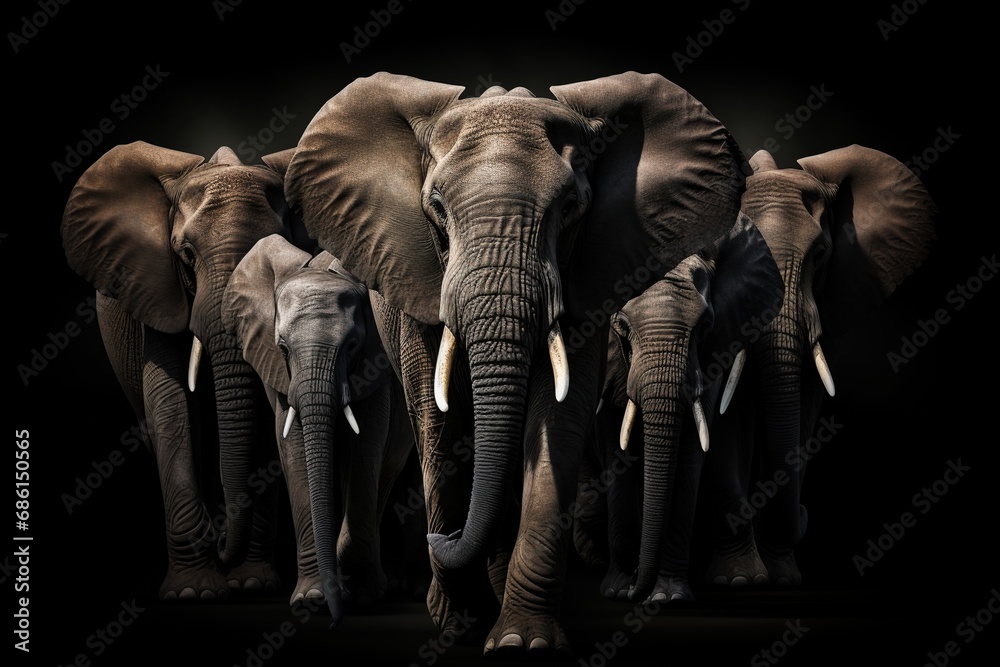 A group of African elephants on a dark background