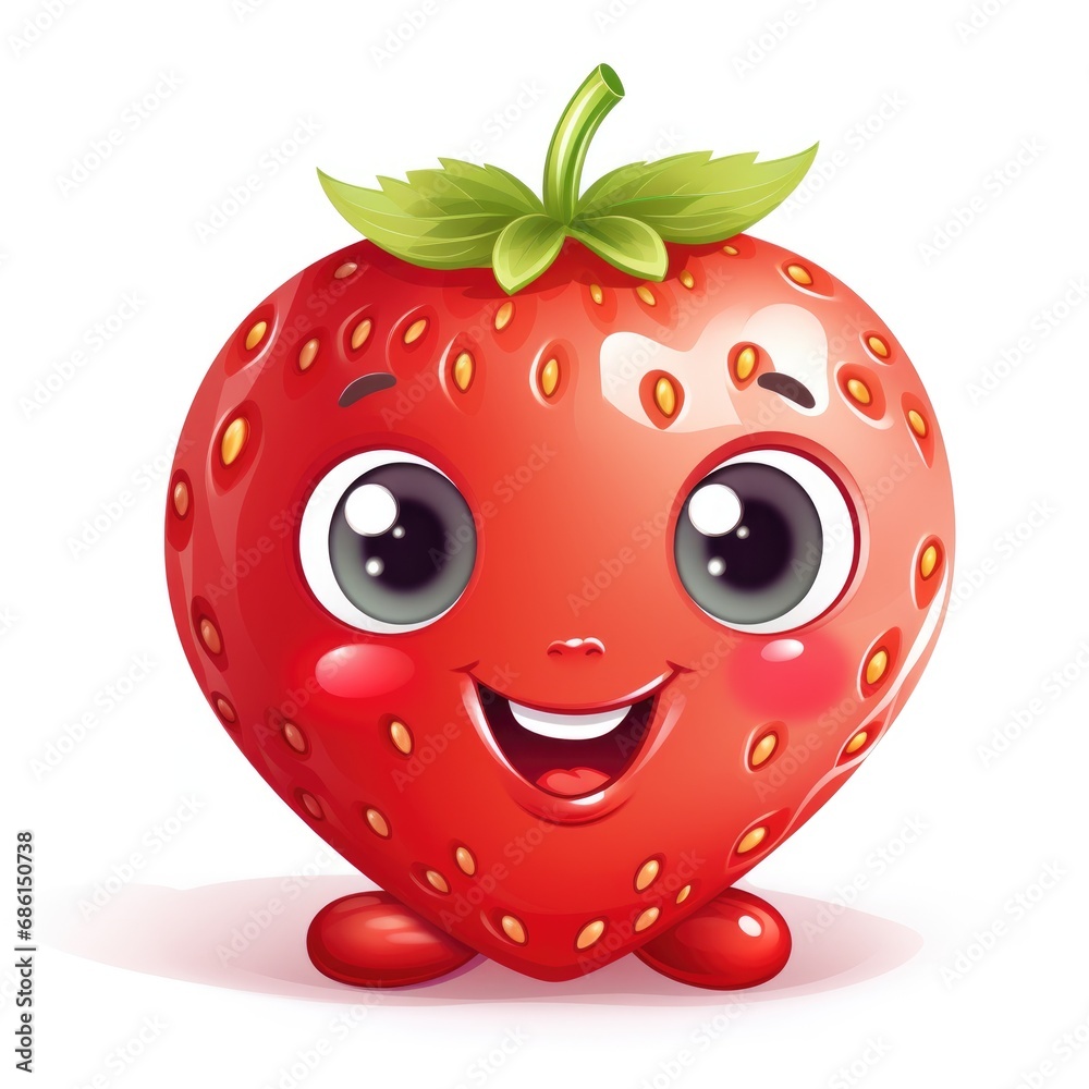 Fototapeta premium Cute cartoon 3d character strawberry with eyes on white background
