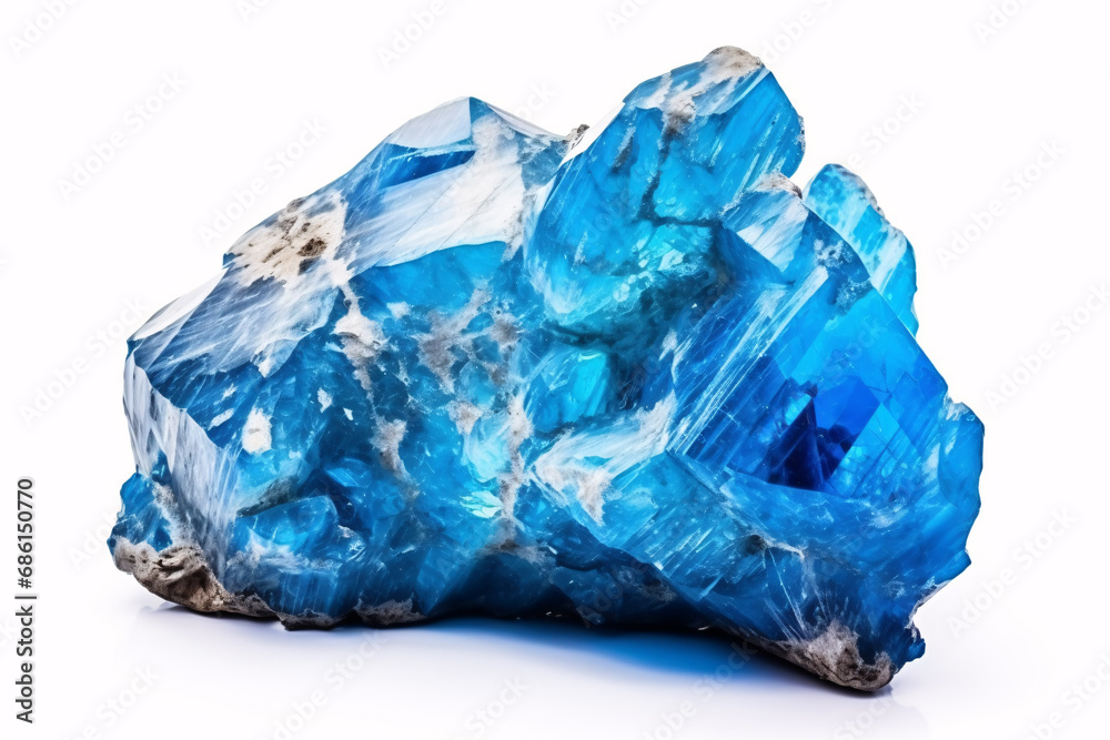 A blue semiprecious gemstone, called turkvenit, isolated on a white background; a feature of geology.