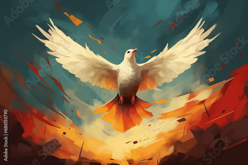 White dove in fire in the war. World peace day. Stop war in Ukraine. Peace crisis, no war, equality and love concept. Hiroshima Day. Background for banner, slogan, card, poster photo