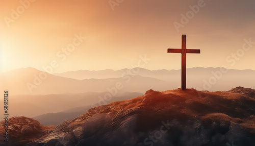 Wooden cross on the top of the mountain on New Year's Eve or Christmas © terra.incognita