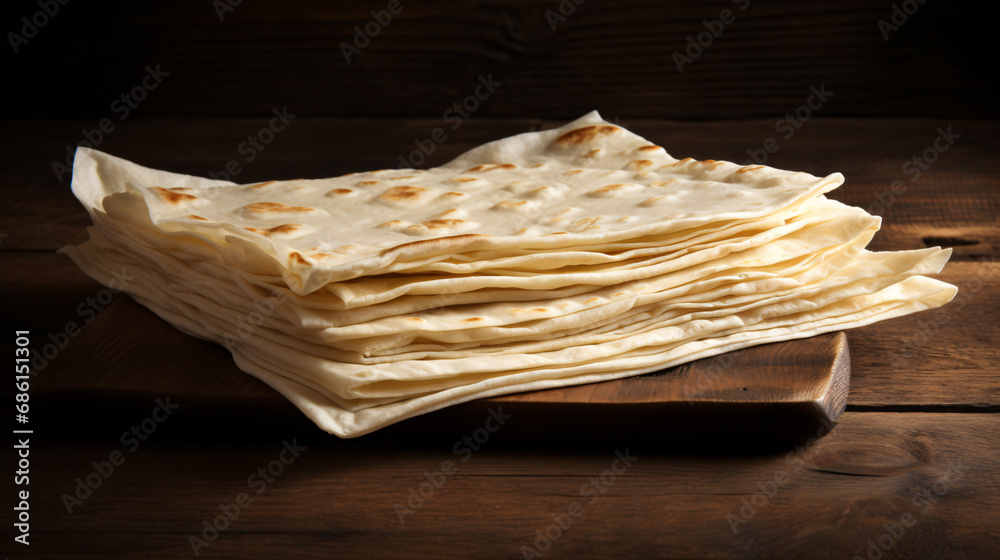 Thin, traditional lavash bread rests atop a wooden tabletop. Thin, traditional lavash bread rests atop a wooden tabletop.
