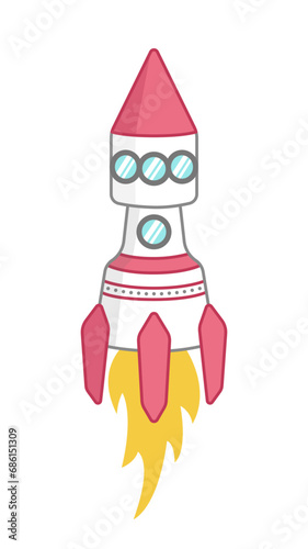Pink space rocket with fire and portholes. Cartoon, vector