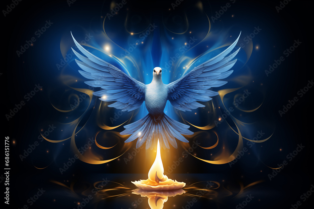 Holy spirit dove and lit candle on blue background. Baptism holiday invitation, holiday advent candle. God Bless You. All Saints' Day Greeting card or banner with copy space  - obrazy, fototapety, plakaty 
