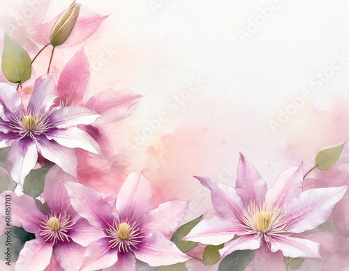Mothers Day floral card with copy space. Clematis flower border.