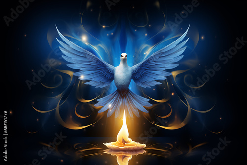 Holy spirit dove and lit candle on blue background. Baptism holiday invitation, holiday advent candle. God Bless You. All Saints' Day Greeting card or banner with copy space  photo