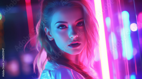 A beautiful lady glows multicolored in a futuristic neon club, as the camera zooms in on her captivating portrait.