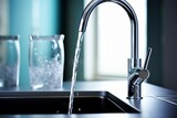 Crystal-clear water flowing from a modern kitchen tap, captured midstream