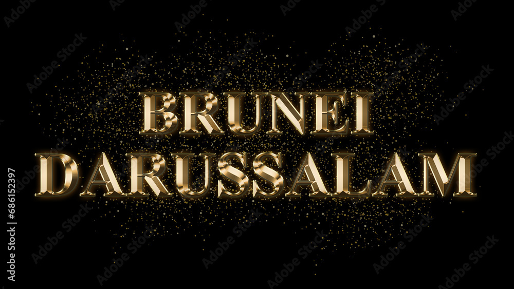 BRUNEI DARUSSALAM Gold Text Effect on black background, Gold text with sparks, Gold Plated Text Effect, country name
