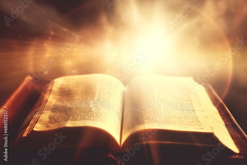 Holy Bible with candle on sunny blurred background. Abstract antique magic open book. Religious belief, faith and worship. Religion concept