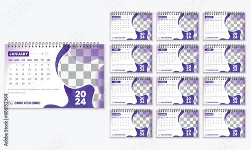 Creative desk calendar design 2024 template. Vector layout of a desk simple calendar.