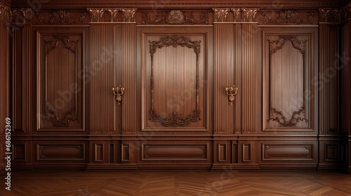 Classic premium luxury wood paneling wall background or texture. Highly crafted traditional wood paneling wall and floor  with a frame and column pattern