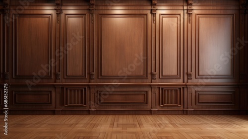 Classic premium luxury wood paneling wall background or texture. Highly crafted traditional wood paneling wall and floor, with a frame and column pattern