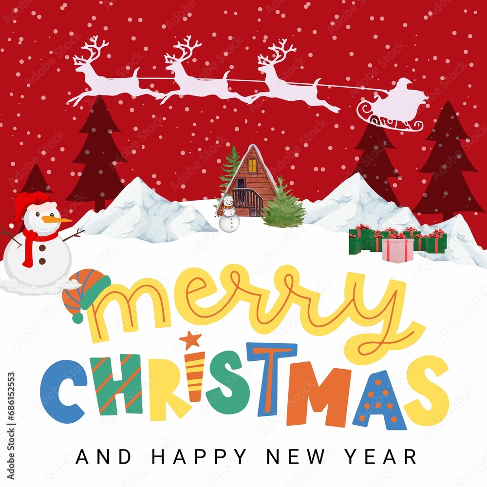 Merry Christmas and New Year holiday background. Christmas design with snowman, snowman, santa, and presents, with big greeting text that says Merry Christmas, and Happy New Year