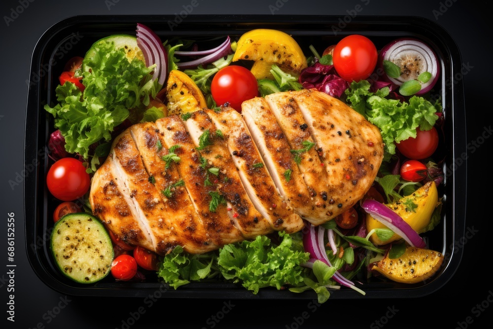 Grilled chicken breast fillet and fresh vegetable salad in dark plate on black background Grilled chicken breast fillet and fresh vegetable salad in dark plate on black background